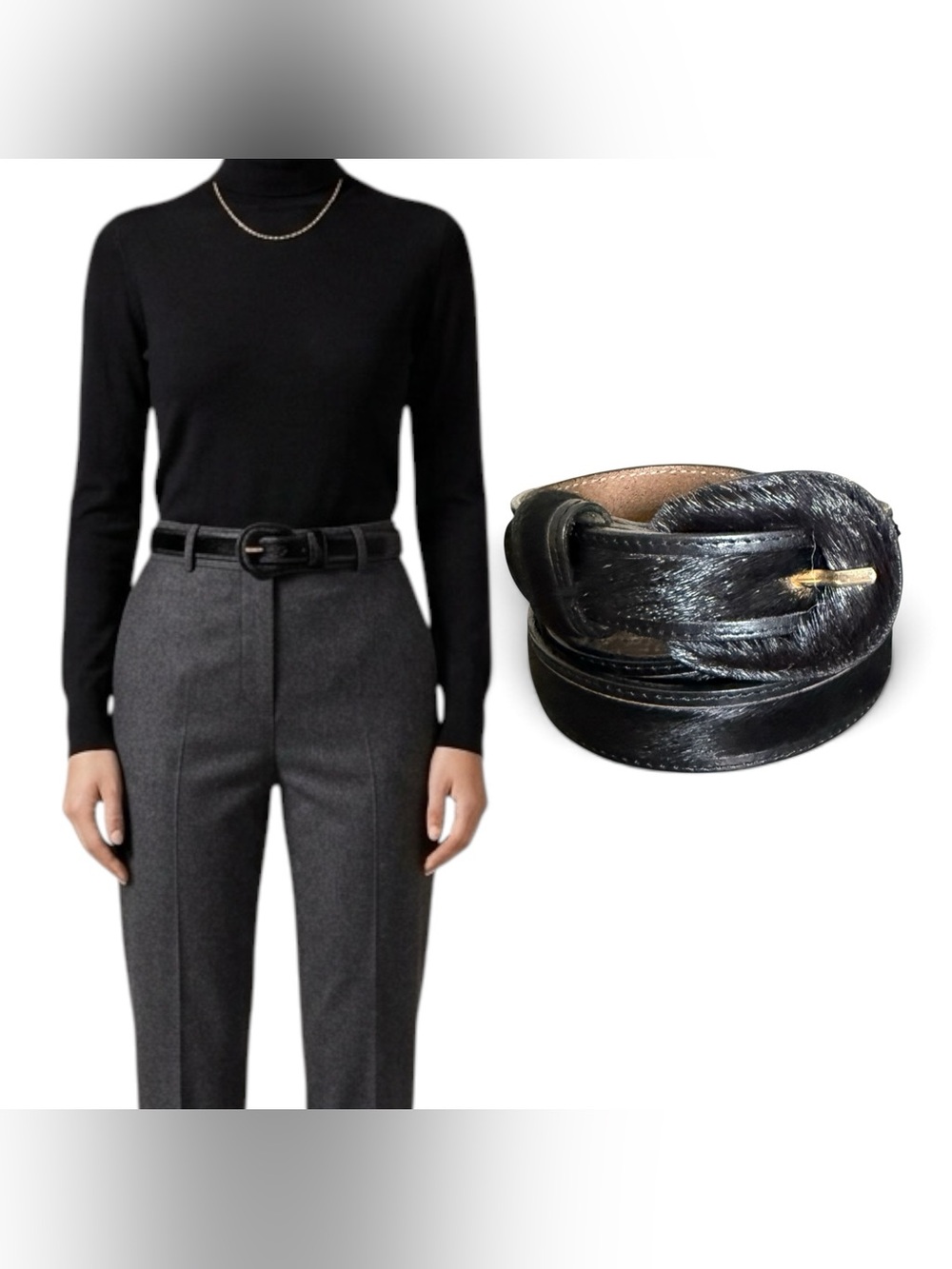 Vintage Tanner Black Calf Hair Leather Belt Size L Made in Holland Gold Buckle